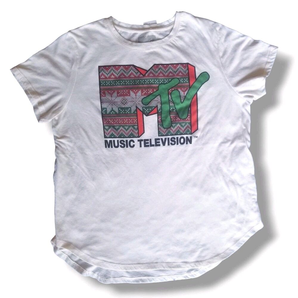 MTV Holiday Christmas T-Shirt Women's 2XL White Lounge Y2K Graphic Print